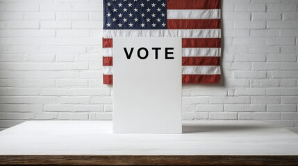A box with the word Vote on it is sitting on a table in front of a wall with an American flag