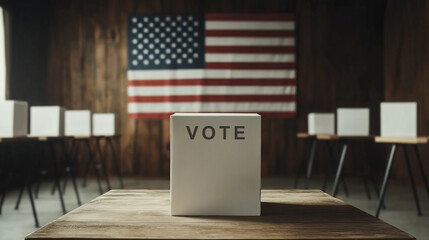 A box with the word Vote on it is sitting on a table in front of a wall with an American flag