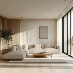 Naklejka premium A minimalist living room modern furniture and a focus on the flooring The overall vibe is serene 