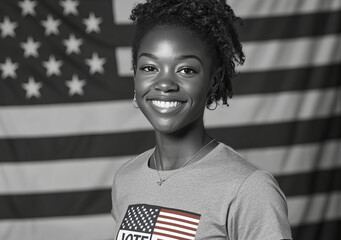 A young woman wearing a white shirt with the words Vote on it is smiling. She is standing in front of a red and white American flag