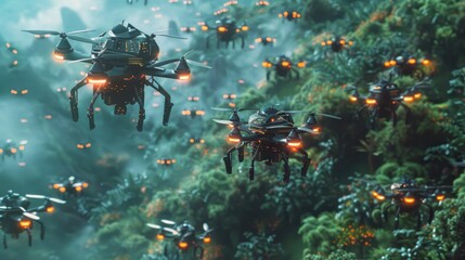 High-tech drone swarm conducting environmental research.