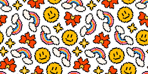 Pixel art pattern with retro emojis, rainbows, stars, and smiley faces. Vintage 8-bit background. Old style. 80s, and 90s video game object design. Backdrop design for textiles, and scrapbooking.