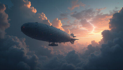 Naklejka premium Watch as a futuristic airship glides across a sky filled with swirling clouds and lightning