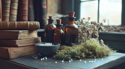 Homeopathy display: globules, mortar, botanicals, books.
