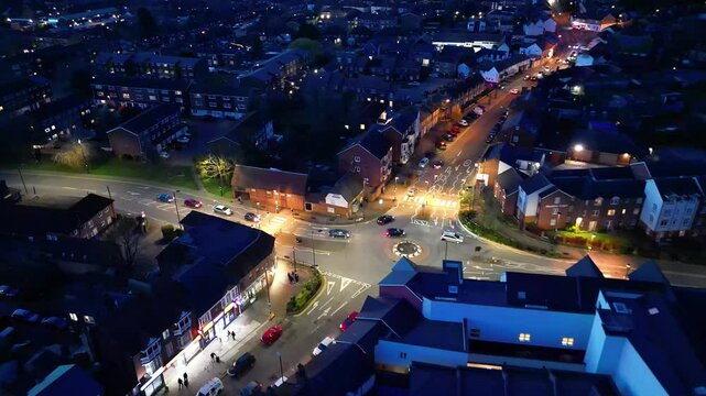 Aerial View of Illuminated Leighton Buzzard Town of England Great Britain at Night. March 29th, 2024