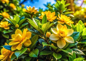 Obraz premium Vibrant Yellow Leaves of Gardenia Plant Showcasing the Beauty of Nature in a Lush Garden Setting