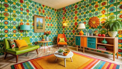 Vintage 1950s Retro Wallpaper Design with Bold Colors and Geometric Patterns for Nostalgic Decor