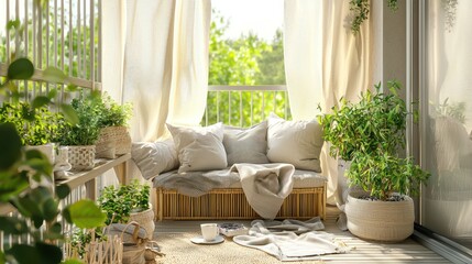 Fototapeta premium Scandinavian-style balcony with potted green plants, a small bamboo seating set, and cozy, light-colored cushions and throws
