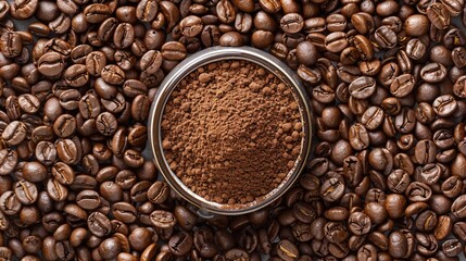 Naklejka premium Natural ground coffee heap in transparent glass bowl on сoffee, coffee beans powder in a glass bowl, top view