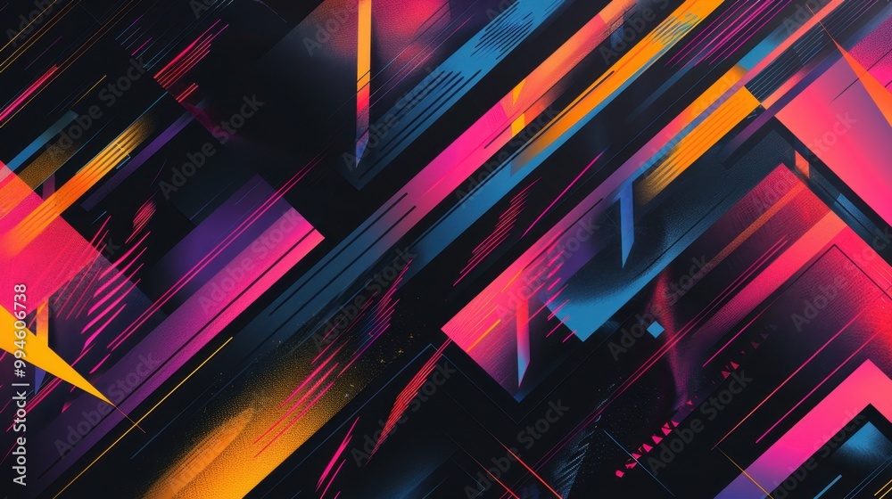 Poster bold geometric lines in vibrant colors, forming dynamic patterns with sharp angles on a dark backgro
