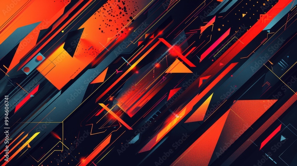 Poster bold geometric lines in vibrant colors, forming dynamic patterns with sharp angles on a dark backgro