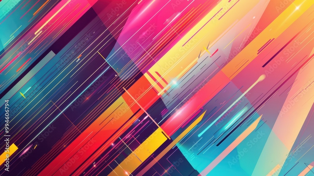 Poster bold geometric lines in vibrant colors, forming dynamic patterns with sharp angles on a soft gradien