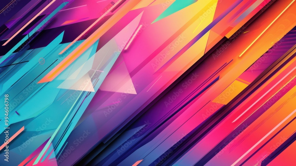Poster bold geometric lines in vibrant colors, forming dynamic patterns with sharp angles on a soft gradien