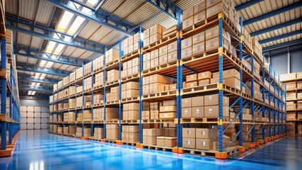 Cardboard boxes on shelves in a large warehouse with blue flooring