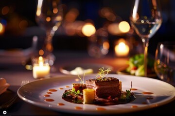 Gourmet steak dinner in candlelit setting