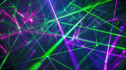 Obraz premium Bright green and purple laser lines crossing each other, forming a complex web of light on a dark background