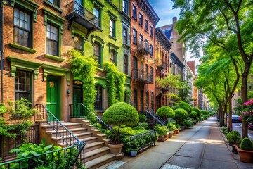 Fototapeta premium Vintage Green New York City Streetscape with Classic Architecture and Lush Urban Greenery in Focus