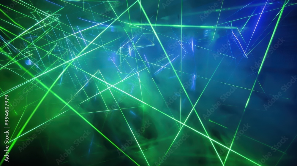Poster bright laser lines in green and blue, forming dynamic patterns on a dark, foggy backdrop, adding dep