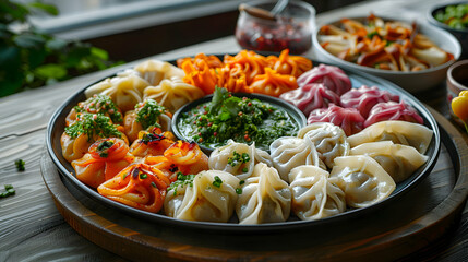 A platter of assorted mandu with various fillings, captured using an ultra HD camera with a ring light for even illumination