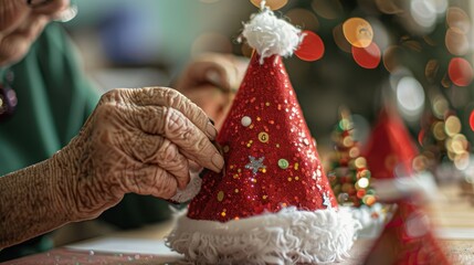 Fototapeta premium Close-up of a woman's hand carefully decorating a red and white Santa hat with glitter and embellishments.