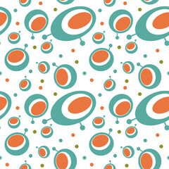 Seamless abstract geometric pattern. Orange, blue, white. Vector illustration. Ovals, circles, lines, dots texture. Design for textile fabrics, wrapping paper, background, wallpaper, cover.