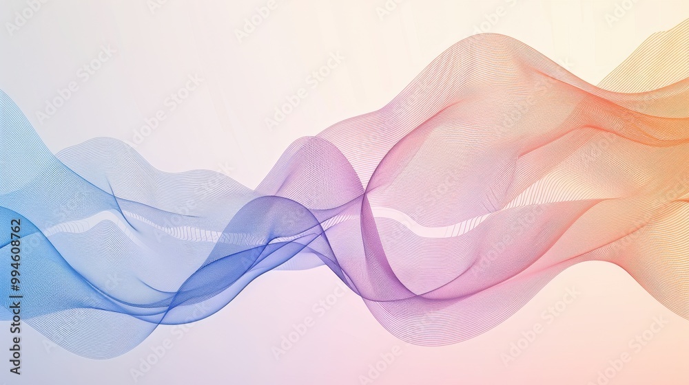 Poster curved geometric lines creating dynamic wave patterns on a soft gradient background, conveying a sen
