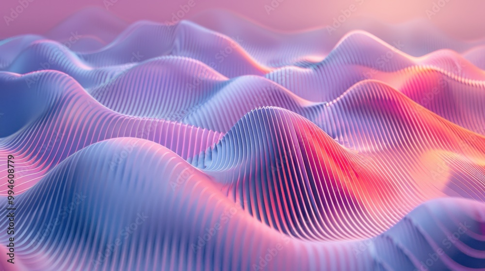 Poster curved geometric lines creating dynamic wave patterns on a soft gradient background, conveying a sen