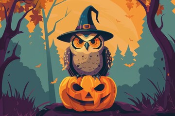 Halloween owl on jack-o'-lantern in spooky forest