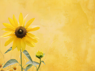 Fototapeta premium A vibrant yellow sunflower stands out against a bright goldenrod background in nature scene.