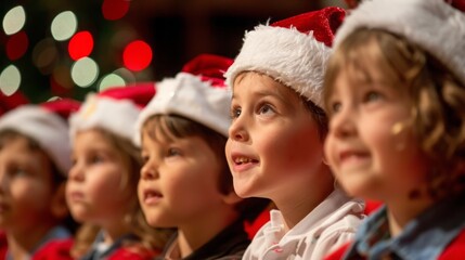 Fototapeta premium Children in Santa hats looking up with anticipation.