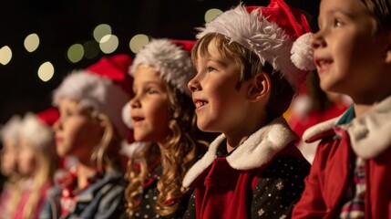 Fototapeta premium A group of children sing carols in their festive Santa hats, with a blurry background of twinkling lights.
