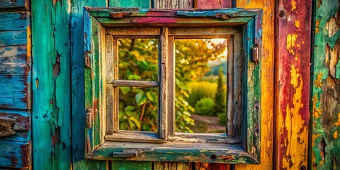 Vintage Weathered Wooden Window Frame with Chipping Paint and Rustic Charm in Natural Light