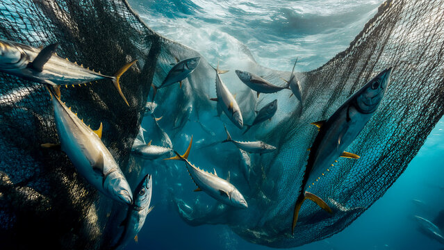 A large net full of yellowfin tuna fish seen underwater with the light filtering through it.