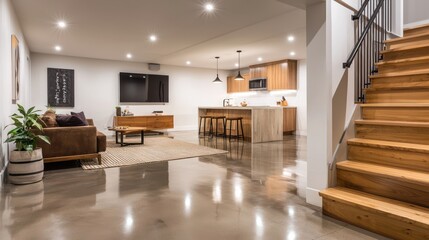 Scandinavian basement remodel with polished concrete flooring, light wooden accents, and modern minimalist furniture