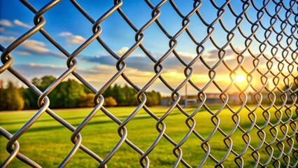 Fototapeta premium The sun is setting behind a chain link fence with a blurry background of a green field