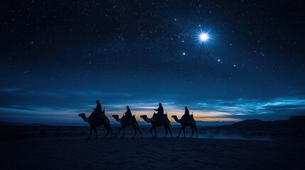 The three wise men of the east. A group of people riding camels under a starry sky