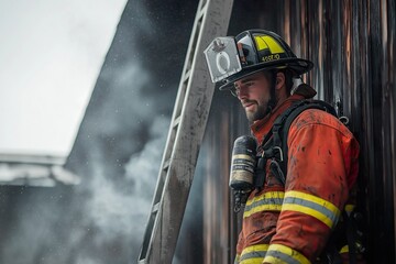 A firefighter in full gear rests against a wall after battling a structure fire on a cold, smoky morning in a residential neighborhood