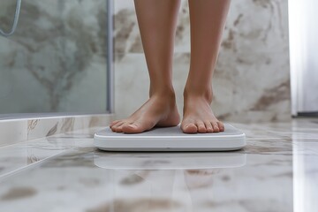Person standing on floor scales in a bathroom, checking weight on digital display during early morning routine
