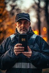 A man stands outdoors in early evening holding a smartphone displaying emergency contact number 911 as warm lights illuminate the background