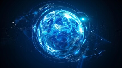 Obraz premium A glowing blue energy sphere surrounded by swirling light trails, set in a cosmic environment