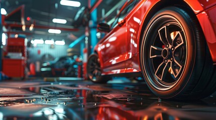 Fototapeta premium A close-up shot of a red sports car's tire inside an auto service station