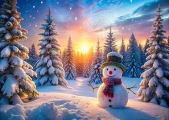 Obraz premium Winter Wonderland Scene Featuring a Cheerful Snowman Surrounded by Snowy Trees and Soft Light