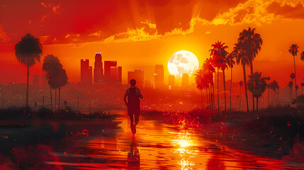 Fototapeta premium Silhouette of a sprinter running on the track in the Olympic stadium with a colorful flare rising behind him. Concept of victory and winning. Olympic Games. Los Angeles 2028. Athletics
