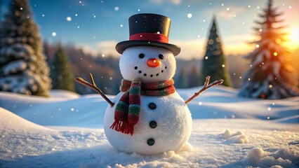 Cheerful snowman standing in a snowy field as the sun sets over the mountains