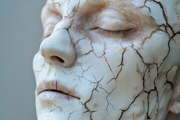 Close up of a cracked human face, symbolizing aging, fragility, and the passage of time.