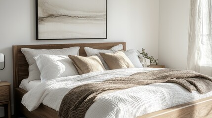 Scandinavian master suite with a bespoke wooden bed frame, layered bedding, and a minimalist art piece over the headboard