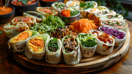 A platter of assorted wraps with various fillings, captured using an ultra HD camera with a ring light for even illumination
