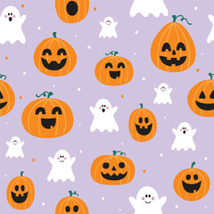 Design of Halloween pattern with cute pumpkin lanterns and ghosts. Vector illustration