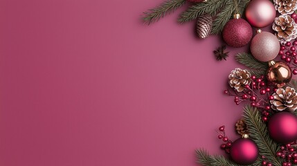 Festive arrangement of Christmas ornaments, pine cones, and evergreen branches on a stylish burgundy background. New Year and holiday concept. Winter celebration.	