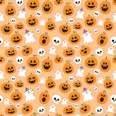 Fototapeta premium Cute Halloween background with hand drawn pumpkins, ghosts and skulls. Seamless pattern. Vector illustration